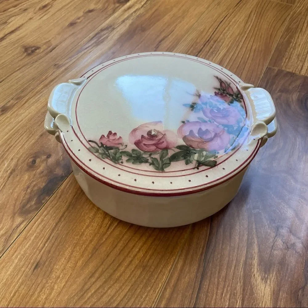 Vintage Hand crafted Ceramic Casserole Dish with Lid and Roses